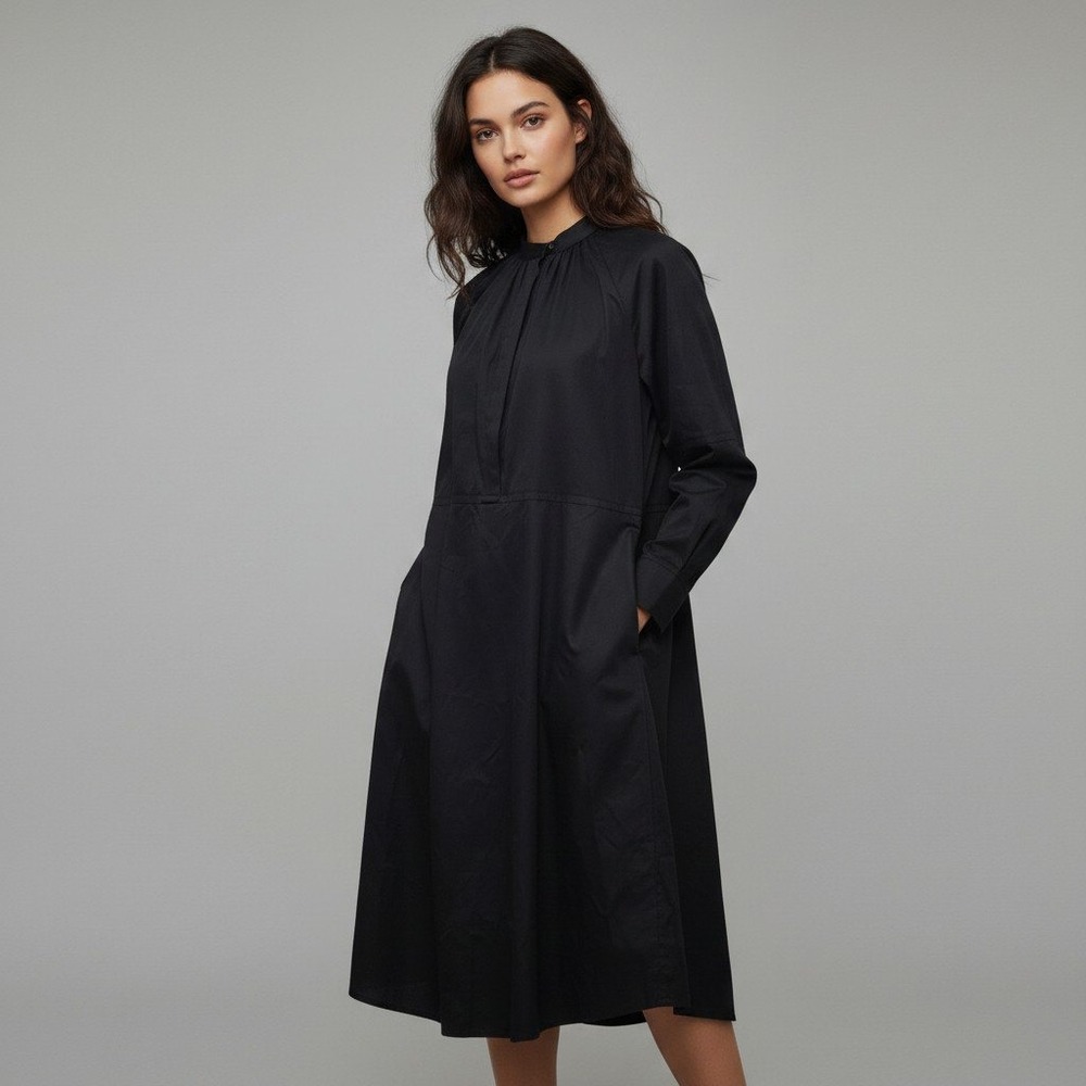 COS Black Cotton Poplin Gathered Back Midi Shirt Dress US 4 Long Sleeve